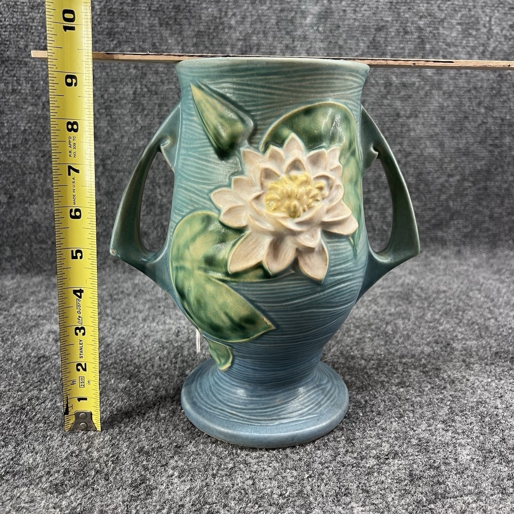 Roseville Pottery Blue Water Lily Double Handled 9" Vase 78-9 USA Green Lily Pad - Picture 10 of 15